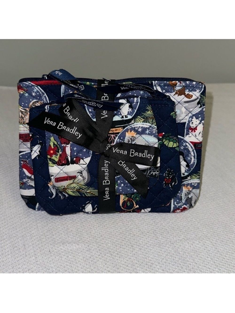Vera Bradley Navy Multicolored Snow Globe Motifs Cosmetic Trio Bag Set